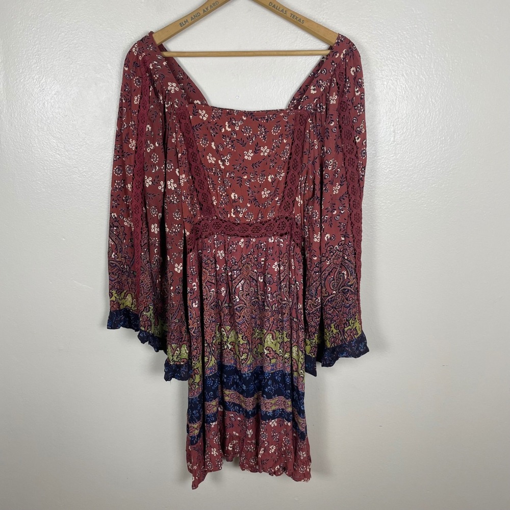 Angie Women's S Mini Dress Rust Red Floral Paisley Boho Lace Smocked Bell Sleeve